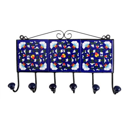 Navy Blue White Floral Tiles Hooks